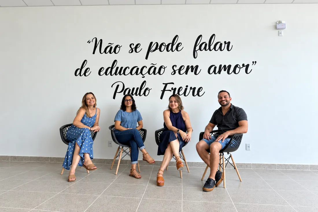 Equipe da Sala de Estudos sentada em frente à frase de Paulo Freire pintada na parede
