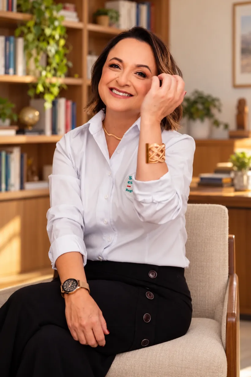 Prof. Regiane Ramos sorrindo, sentada em uma poltrona diante de uma estante de livros